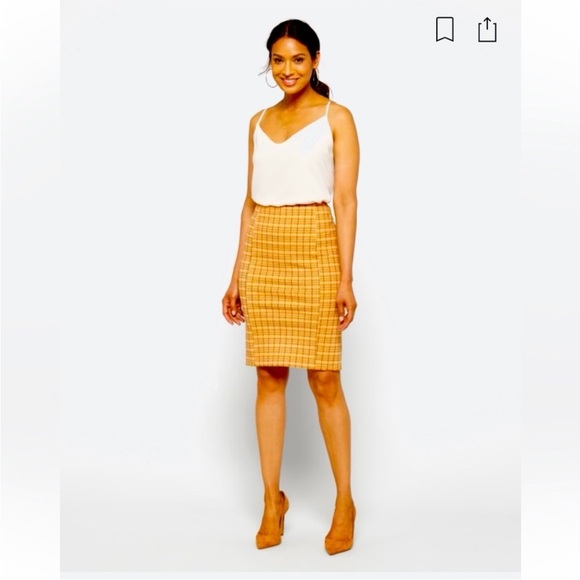 Liverpool Bia Knit Pencil Skirt‎ | Goldenrod Yellow/Grey-Blue Plaid | Petite 10P - Picture 2 of 16